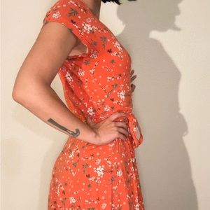 🧡 French Large Orange Floral Wrap Tie Mini Dress